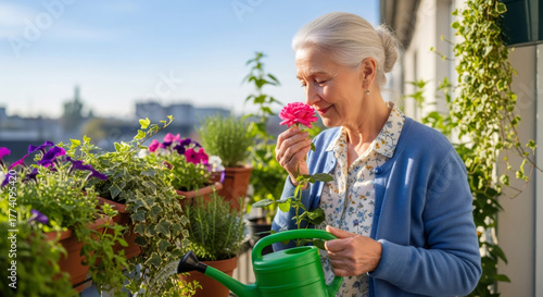 Older woman enjoying the scent of a pink rose on her balcony while watering potted plants. Gardening as a relaxing hobby for senior people.