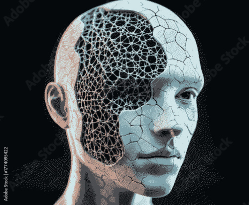 Futuristic human figure with fragmented, organic textures resembling a digital sculpture