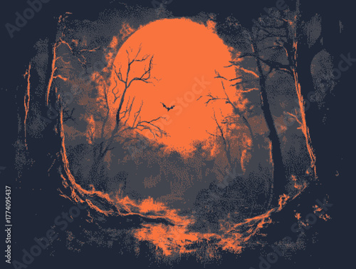 Dark and moody forest scene with a large orange moon and silhouetted trees