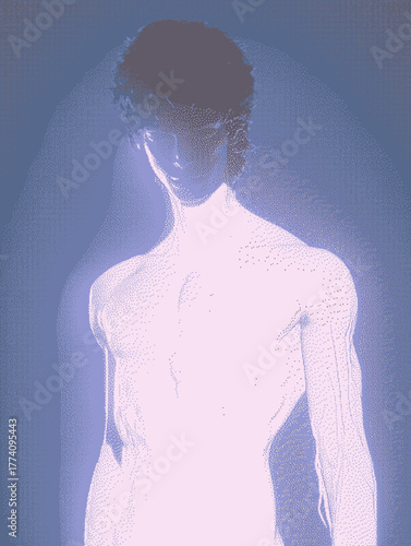 Stylized digital figure illuminated in soft blue and white tones