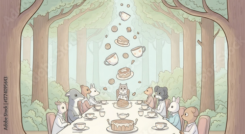 Group of cartoon woodland animal characters having a mad tea party in a forest. Fantasy story time illustration for children.