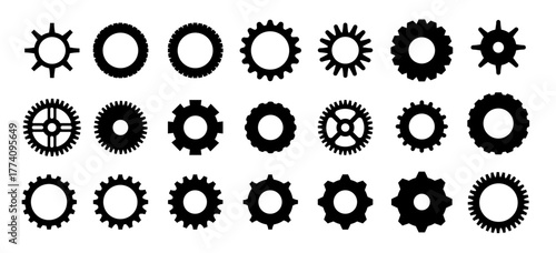 Gears shapes line icons. Flat machine gear icon. Wheel cogwheel vector. Simple outline isolated elements. Black gear.