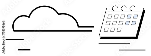 Cloud icon alongside a calendar with marked dates, representing cloud-based time tracking, event planning, and task organization. Ideal for productivity, digital tools, scheduling, teamwork, remote