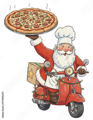Santa as catering food worker. Chef Santa delivering pizza on celebrating lights decorated scooter. Christmas pizza delivery holiday food service. Jolly Santa chef kiding motorbike with hot pizza