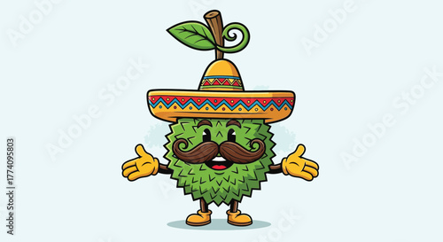 Cartoon durian character wearing a sombrero with a mustache and outstretched arms.
