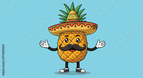 A cartoon pineapple wearing a sombrero and a mustache, with its arms outstretched.