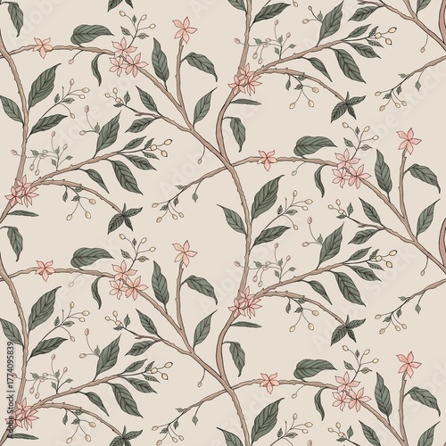 Seamless floral Chinoiserie pattern, on beige background.