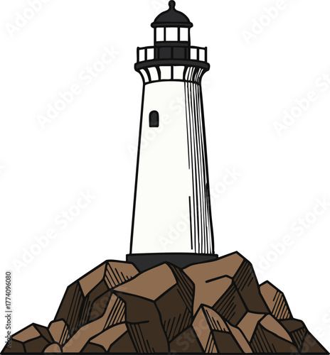 Lighthouse on rocky shore illustration with black and white colors detailed vector drawing 