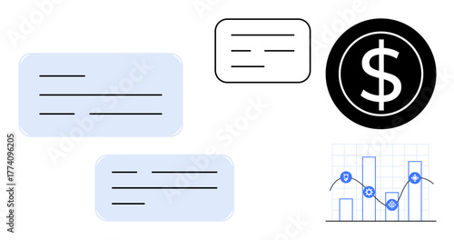 Dialogue boxes arranged near a dollar symbol and graph tracking growth and data security measures. Ideal for finance, communication, analytics, security, investment, digital tools, simple flat
