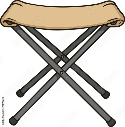 Foldable camping stool with beige fabric seat and black metal legs outdoor portable furniture 