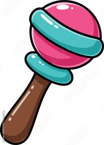 Baby rattle toy with pink and turquoise rings illustration vector for children play and early development 