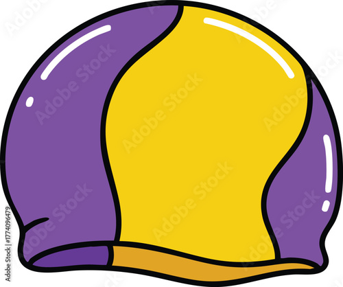 Swimming cap illustration in purple and yellow colors simple style vector image for water sports and swimming activities 