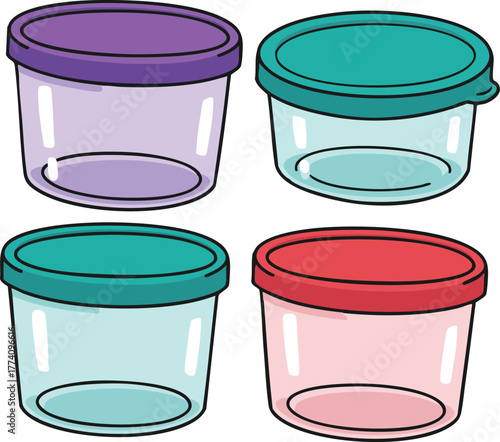 Plastic storage containers with colorful lids in purple teal and red for kitchen organization and food storage solutions 