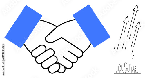 Two hands shaking symbolizing partnership with arrows pointing upward and cityscape sketch in background. Ideal for cooperation, business success, teamwork, growth, trust, collaboration, development