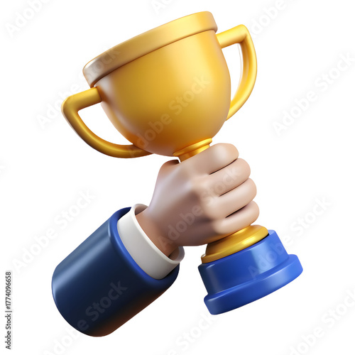 Human hand holding winner cup 3d illustration isolated