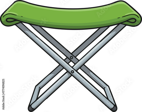Portable camping stool with green fabric seat and metal folding legs outdoor gear illustration vector 
