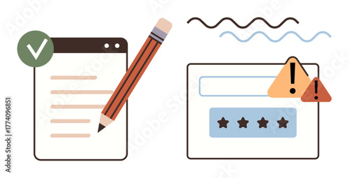 Pencil writing on checklist with green tick, next to password field with alert icons and wavy lines. Ideal for authentication, data review, form completion, security, education, testing, UX design