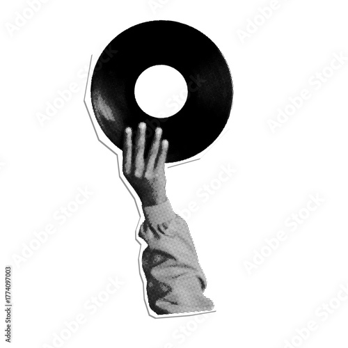 Hand holding vinyl record halftone retro 