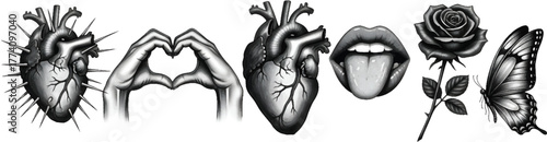 Anatomical heart, hand heart, lips, rose, and butterfly tattoo designs for a unique and edgy look