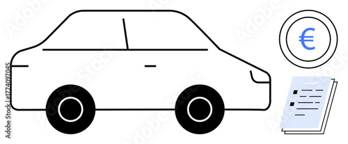 Car outline with Euro sign representing cost and stack of documents symbolizing contracts or insurance policies. Ideal for car financing, insurance, leasing, expenses tracking, budgeting, buying