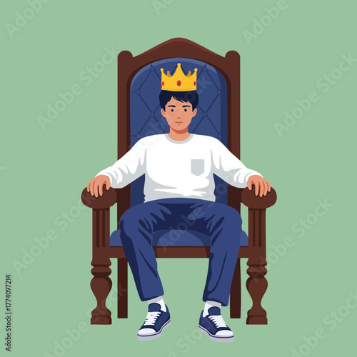 Young boy wearing crown sitting on royal throne chair in casual clothes vector illustration 