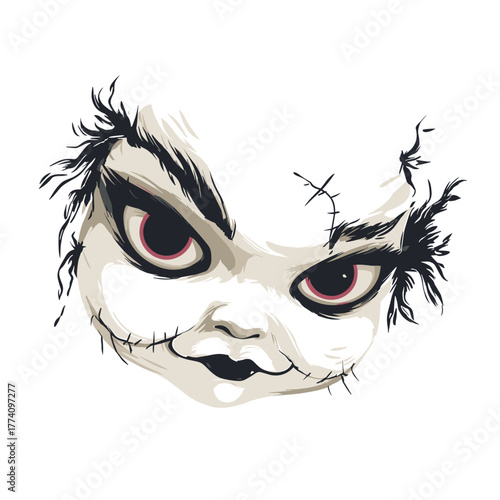 Scary Cursed Evil Doll Face Vector Clipart