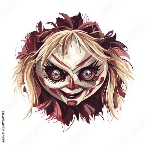 Scary Cursed Evil Doll Face Vector Clipart