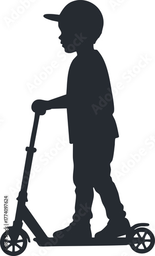 Boy riding push scooter silhouette vector illustration in black simple style for children outdoor play activity 