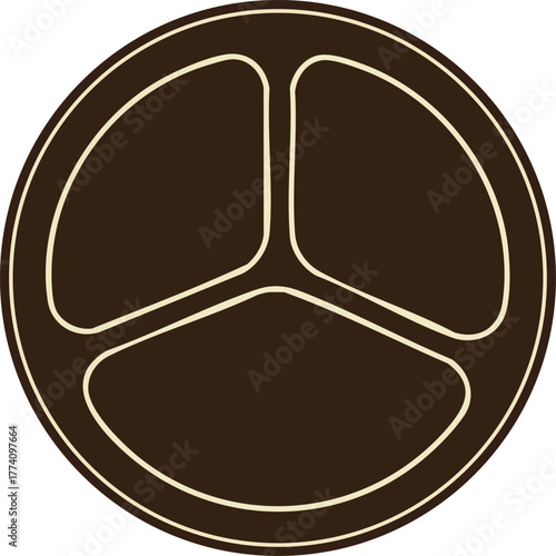 Circular segmented shape with three rounded sections in dark brown vector illustration design 