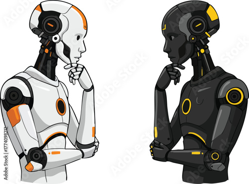 Futuristic humanoid robots in thoughtful poses with black and white designs and orange and yellow accents vector illustration 