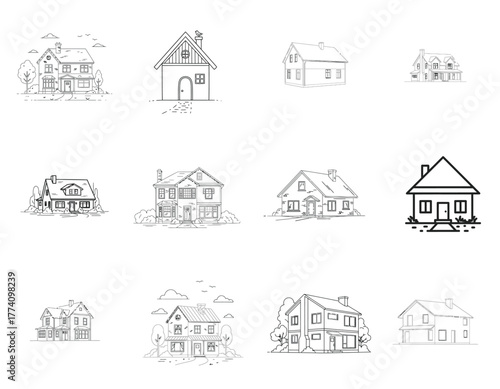 Diverse house illustrations showcase unique architectural styles and design elements