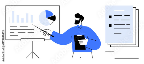 Man presenting statistical data using charts on a board, holding a clipboard and pointing at graphs. Ideal for business presentation, office training, data analysis, education, teamwork, strategy