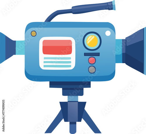 A stylized blue video camera on a tripod, depicted in a flat vector illustration style.