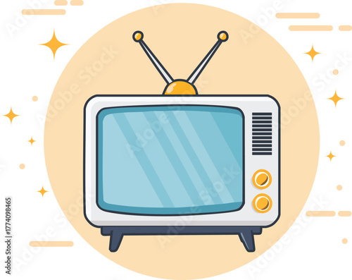 A vintage television set with rabbit ear antennas and a light blue screen, set against a warm yellow circular background with sparkling star accents.
