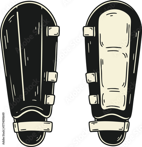 Shin guards for sports protection illustration with black and beige colors showing front and back view vector design 