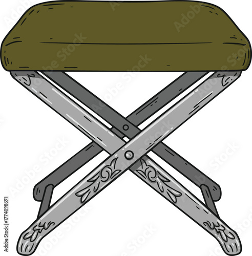 Folding stool with olive green cushion and painted wooden legs simple furniture illustration vector 