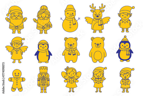 A colorful, seamless pattern set of funny cartoon baby animal vector icons like a lion, bear, and cat for infantile kid design and wallpaper illustration for Christmas icon
