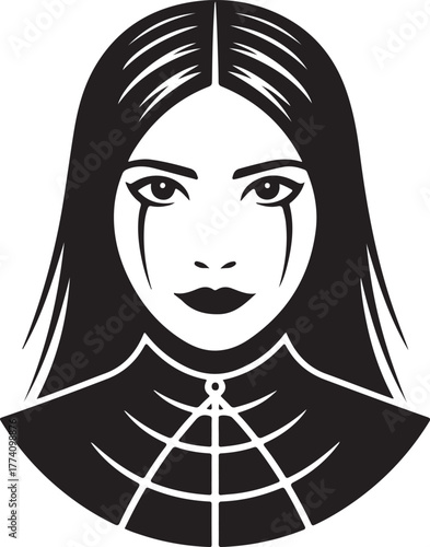 Stylized graphic representation of a woman with long dark hair and dramatic eye makeup.
