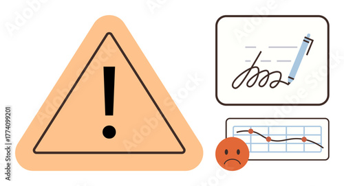 Warning triangle emphasizes danger, pen and signature line signify contracts, graph with sad face represents declining performance. Ideal for caution, alert, risk, warning, business failure, negative