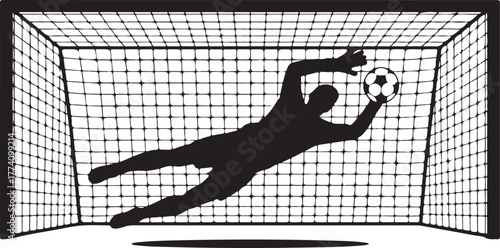 Silhouette of a soccer goalkeeper catching a ball in a net