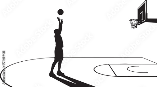 Black silhouette of a basketball player shooting a ball on a court