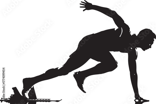 Black silhouette of a runner in starting blocks running