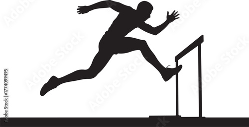 Black silhouette of a male athlete jumping over a hurdle