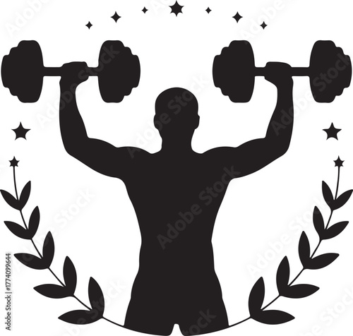 Black silhouette of muscular man lifting dumbbells with laurel wreath and stars