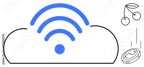 Cloud with blue wireless signal, cherries, and a falling coin highlighting networking, communication, economy, and entertainment. Ideal for technology, finance, connectivity innovation data