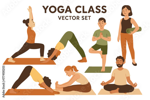 Diverse individuals practicing yoga poses in a vector illustration  