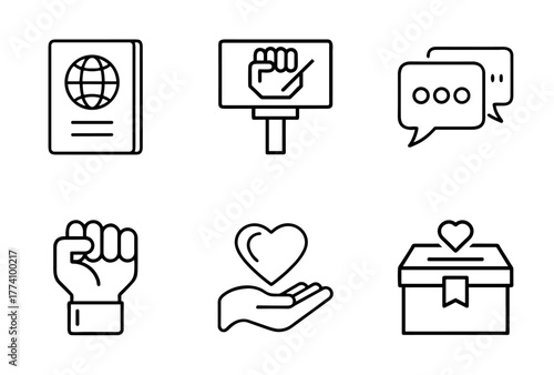Line icons of social justice symbols including fist and heart  