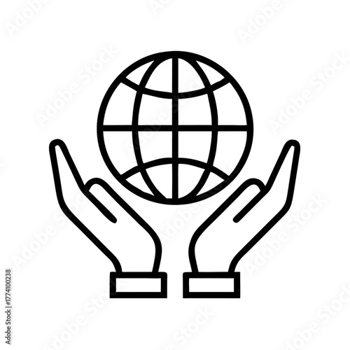 Hands holding globe icon vector in minimalist line design  