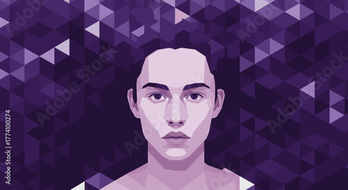 Young woman with straight hair portrayed in geometric style on purple background  