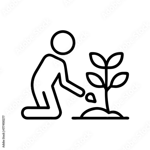 Person kneeling and planting a tree in a garden icon vector  